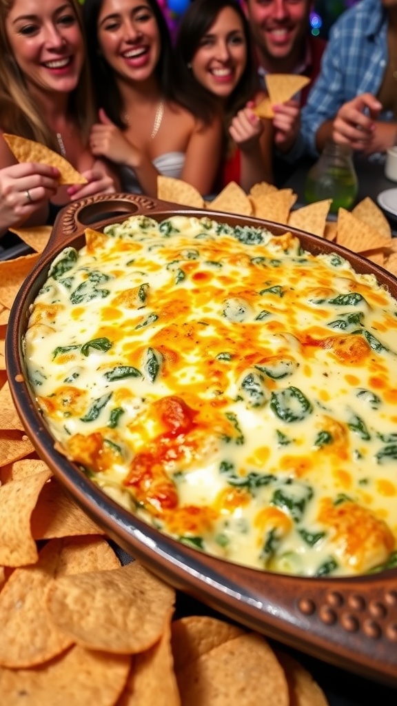 Cheesy spinach dip in a baking dish with tortilla chips, on a festive party table.